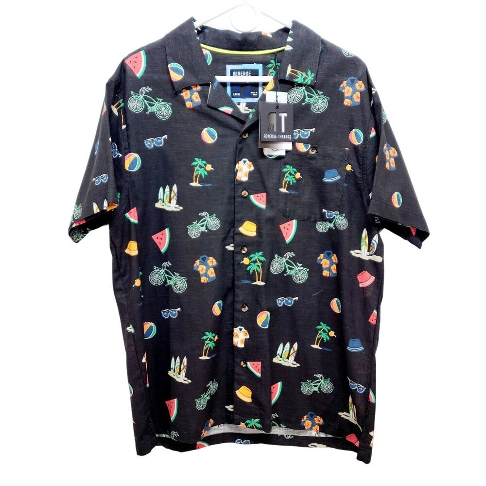 Mens Reverse Threads Short Sleeve Button-Up Shirt With Tropical Print Size L